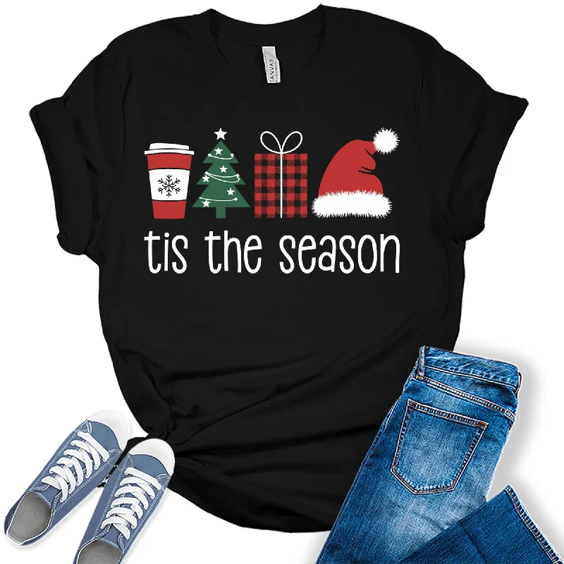 Women's Tis The Season Christmas Tree Trendy Holiday Graphic Tees Zippered Front Buttoned Front Snap Front