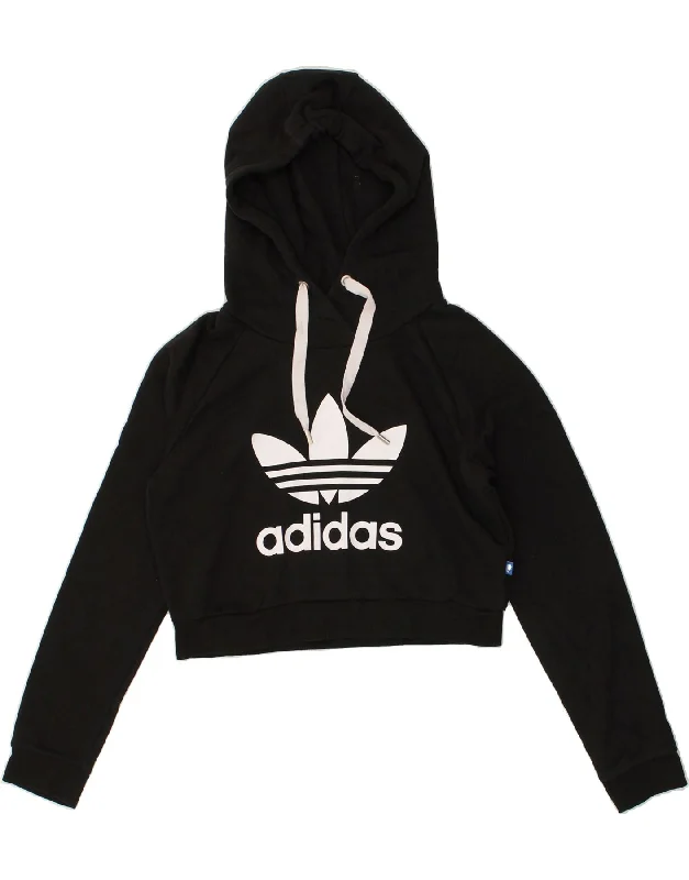 ADIDAS Womens Crop Graphic Hoodie Jumper UK 8 Small Black Cotton Graphic Hoodie Design Print