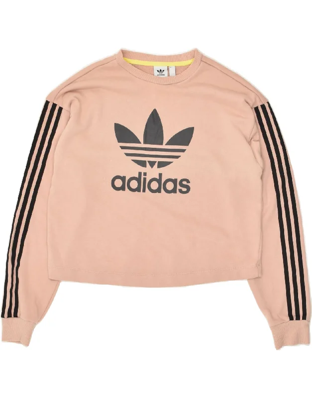 ADIDAS Womens Crop Graphic Sweatshirt Jumper UK 12 Medium Beige Cotton Hoodie with Cuffed Sleeves Snug Secure