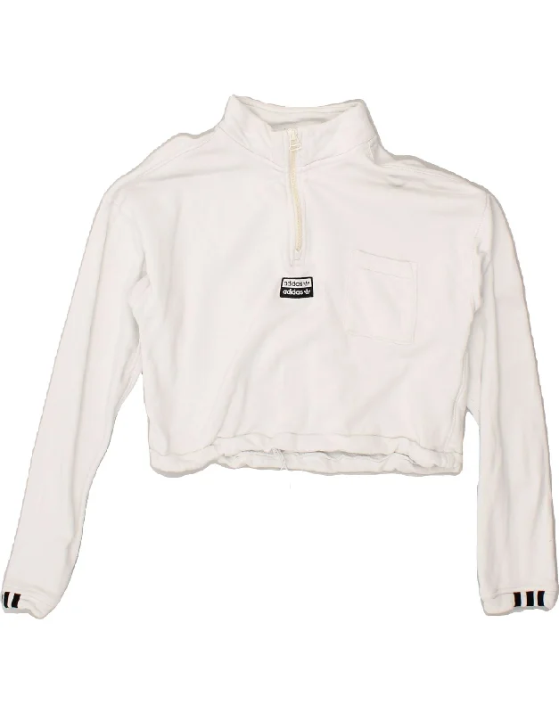 ADIDAS Womens Crop Zip Neck Sweatshirt Jumper UK 14 Large White Cotton Hoodie with Metallic Shiny Futuristic