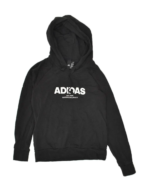 ADIDAS Womens Graphic Hoodie Jumper UK 12/14 Medium Black Cotton Hoodie with Cropped Fit Short Trendy