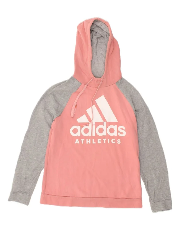 ADIDAS Womens Graphic Hoodie Jumper UK 12/14 Medium Pink Colourblock Hoodie with Reflective Safety Nightwear