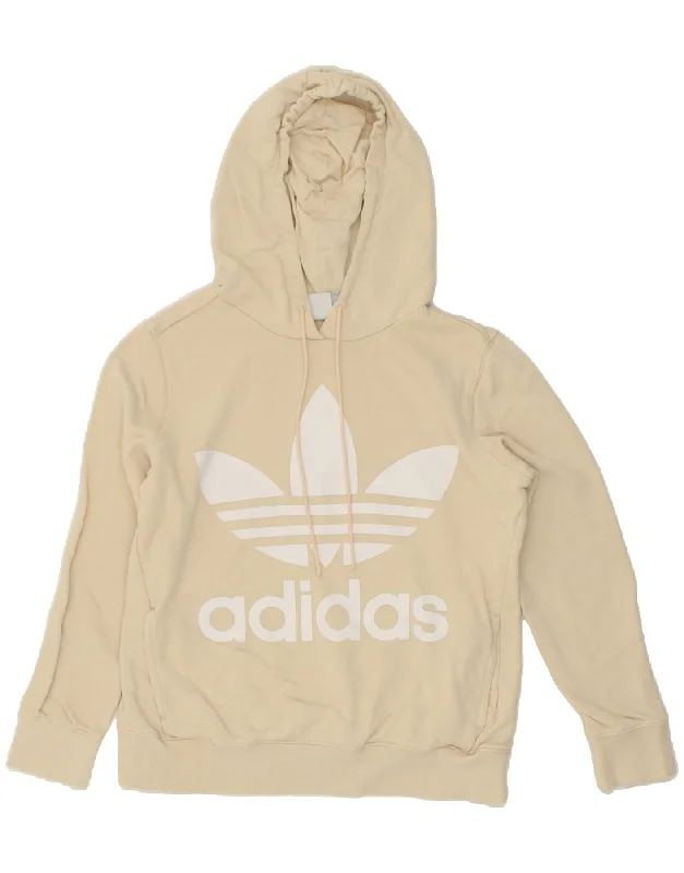 ADIDAS Womens Graphic Hoodie Jumper UK 12 Medium Beige Cotton Hoodie with Cropped Fit Short Trendy