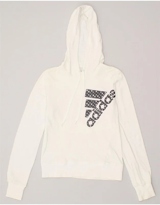 ADIDAS Womens Graphic Hoodie Jumper UK 12 Medium Off White Cotton Hoodie with Thumb Holes Functional Cozy