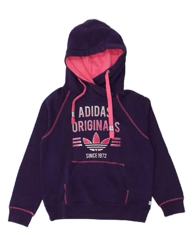 ADIDAS Womens Graphic Hoodie Jumper UK 12 Medium Purple Cotton Hoodie with Hem Drawcord Adjustable Customizable