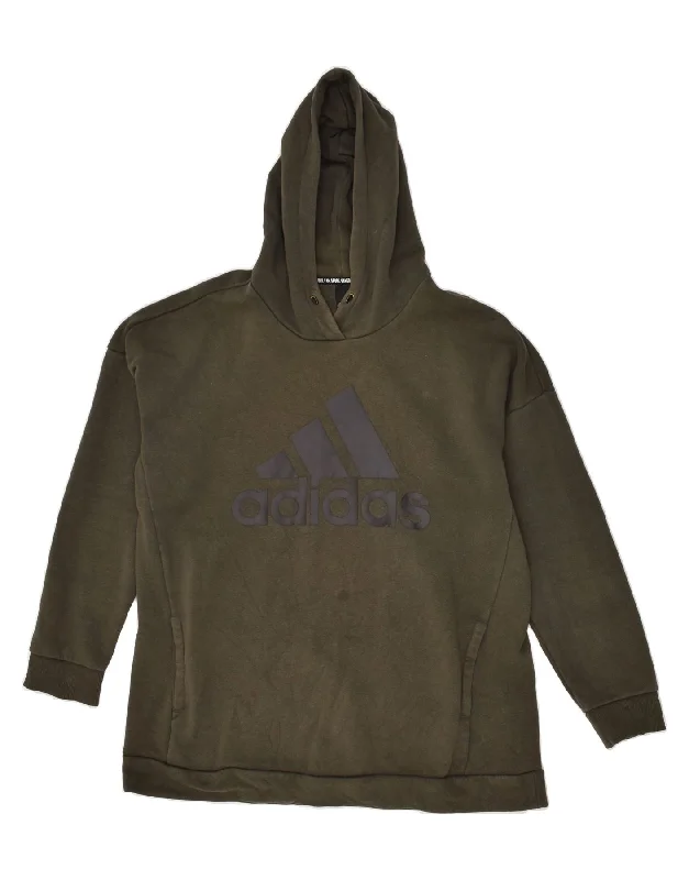 ADIDAS Womens Graphic Hoodie Jumper UK 16/18 Large Khaki Cotton Hoodie with Raw Hem Edgy Unfinished