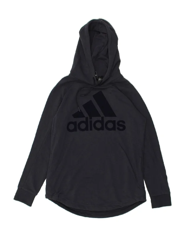 ADIDAS Womens Graphic Hoodie Jumper UK 16/18 Large Navy Blue Cotton Hoodie with Hood Adjustable Protection