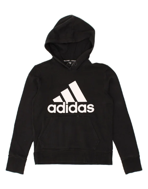 ADIDAS Womens Graphic Hoodie Jumper UK 4/6 Small Black Cotton Hoodie with Earth Tones Natural Calm