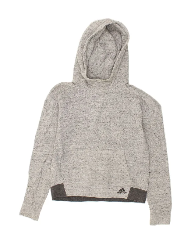 ADIDAS Womens Graphic Hoodie Jumper UK 4/6 XS Grey Flecked Cotton Hoodie with Drawcord Adjustable Secure