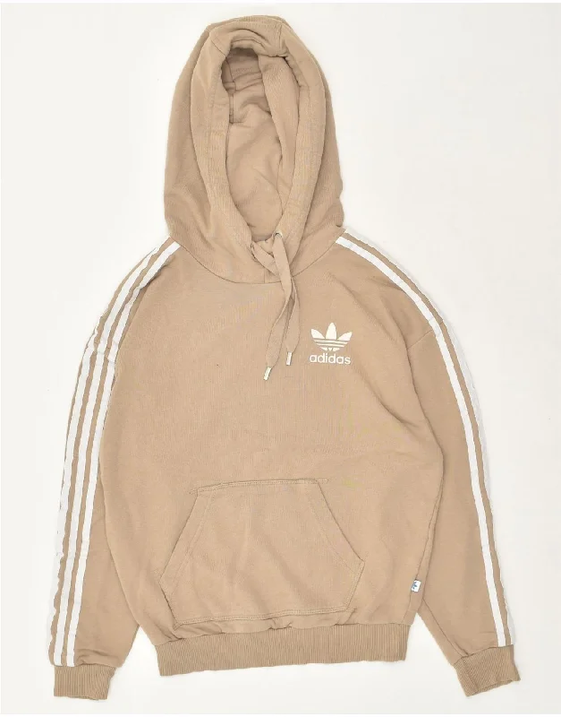 ADIDAS Womens Graphic Hoodie Jumper UK 6 XS Beige Cotton Hoodie with Rhinestones Sparkly Elegant