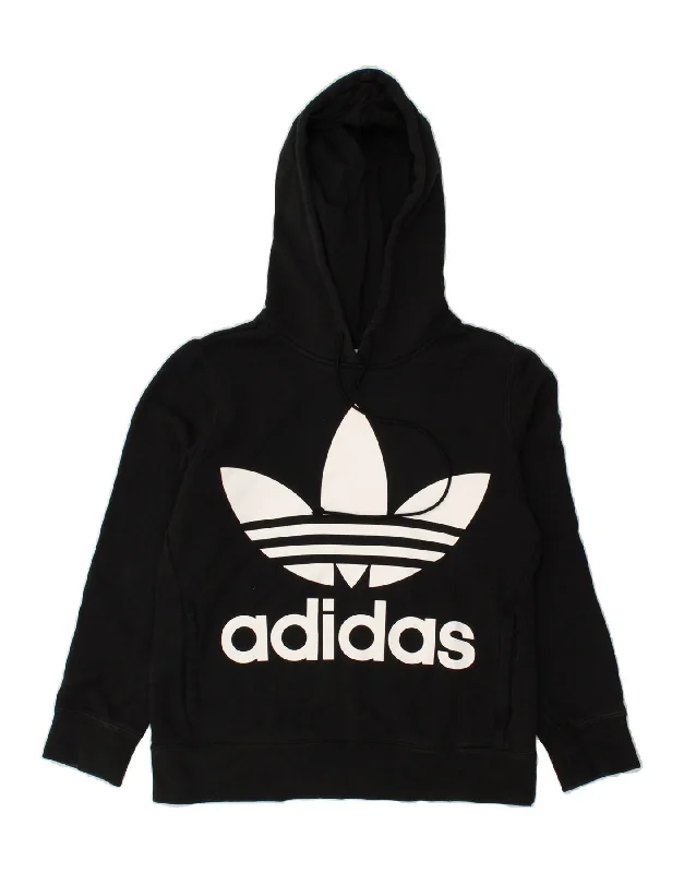 ADIDAS Womens Graphic Hoodie Jumper UK 6 XS Black Cotton Hoodie with Ribbed Neckline Snug Warm