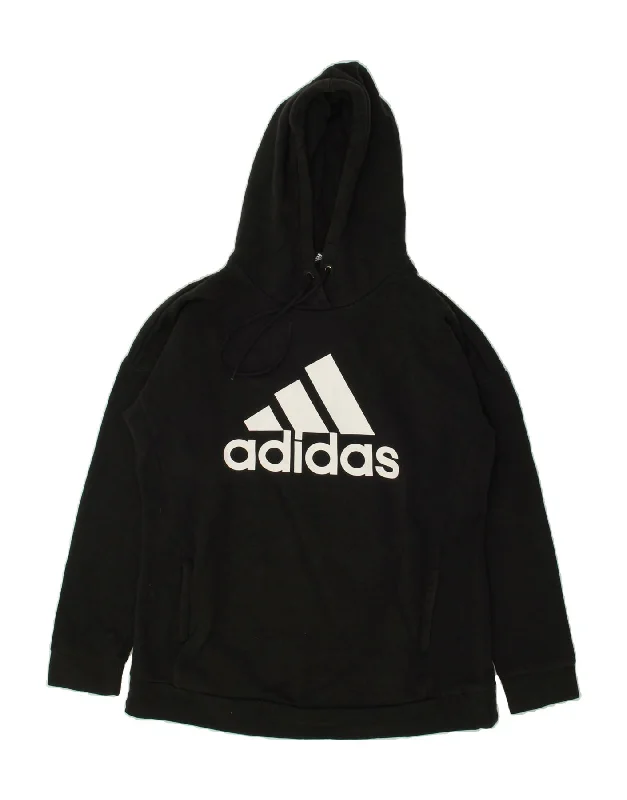 ADIDAS Womens Graphic Hoodie Jumper UK 8/10 Small Black Cotton Hoodie with Elastic Waist Stretchable Comfortable