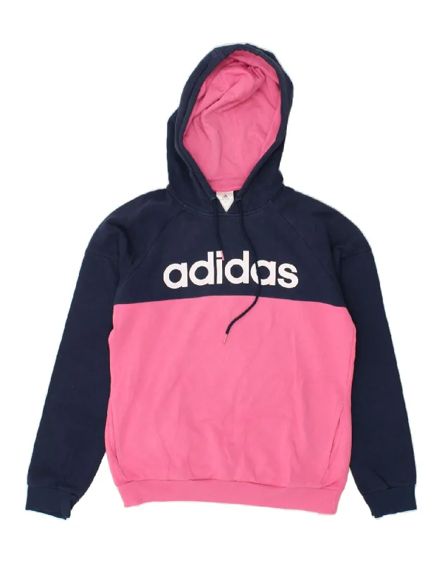 ADIDAS Womens Graphic Hoodie Jumper UK 8/10 Small Pink Colourblock Hoodie with Hem Patch Decorative Personalized