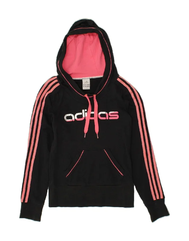 ADIDAS Womens Graphic Hoodie Jumper UK 8 Small Black Cotton Cotton Hoodie Fleece Lining Warmth