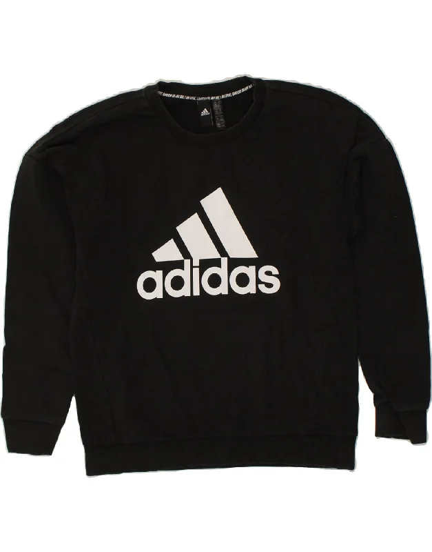 ADIDAS Womens Graphic Sweatshirt Jumper UK 12/14 Medium Black Cotton Hoodie with Hem Ribbing Snug Secure