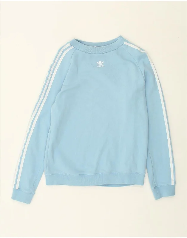 ADIDAS Womens Graphic Sweatshirt Jumper UK 12 Medium  Blue Cotton Hoodie with Rhinestones Sparkly Elegant