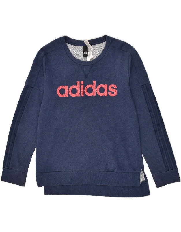 ADIDAS Womens Graphic Sweatshirt Jumper UK 14 Medium Navy Blue Cotton Hoodie with Hem Contrast Bold Stylish