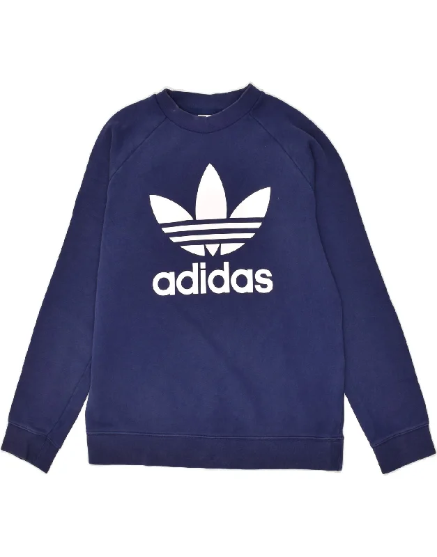 ADIDAS Womens Graphic Sweatshirt Jumper UK 16 Large Navy Blue Cotton Hoodie with Hem Frayed Vintage Worn