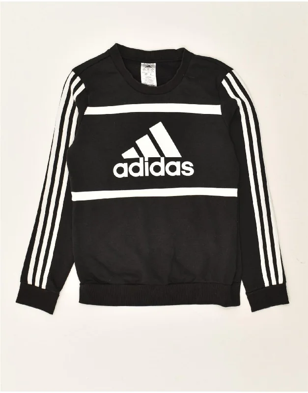 ADIDAS Womens Graphic Sweatshirt Jumper UK 4/6 XS Black Cotton Hoodie with Frayed Bohemian Relaxed