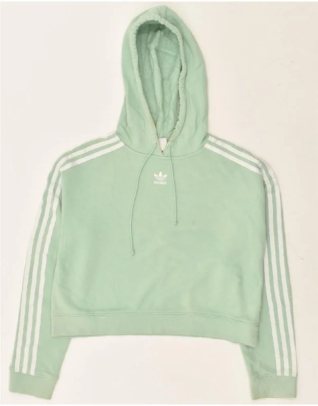 ADIDAS Womens Oversized Crop Hoodie Jumper UK 8 Small Green Cotton Hoodie with Stripes Bold Sporty