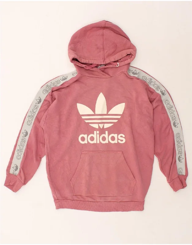 ADIDAS Womens Oversized Graphic Hoodie Jumper UK 10 Small Pink Cotton Hoodie with Rolled Sleeves Casual Relaxed