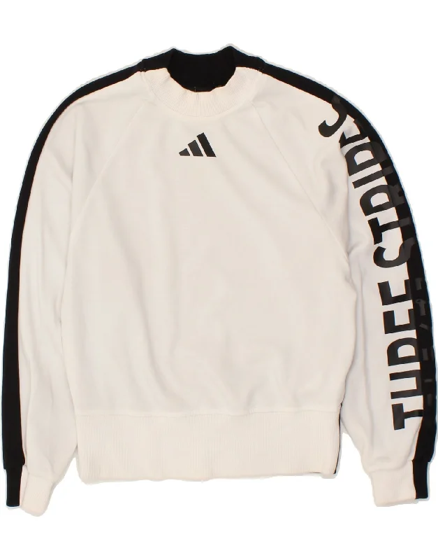 ADIDAS Womens Oversized Graphic Hoodie Jumper UK 8/10 Small White Hoodie with Sequins Glamorous Eye-catching