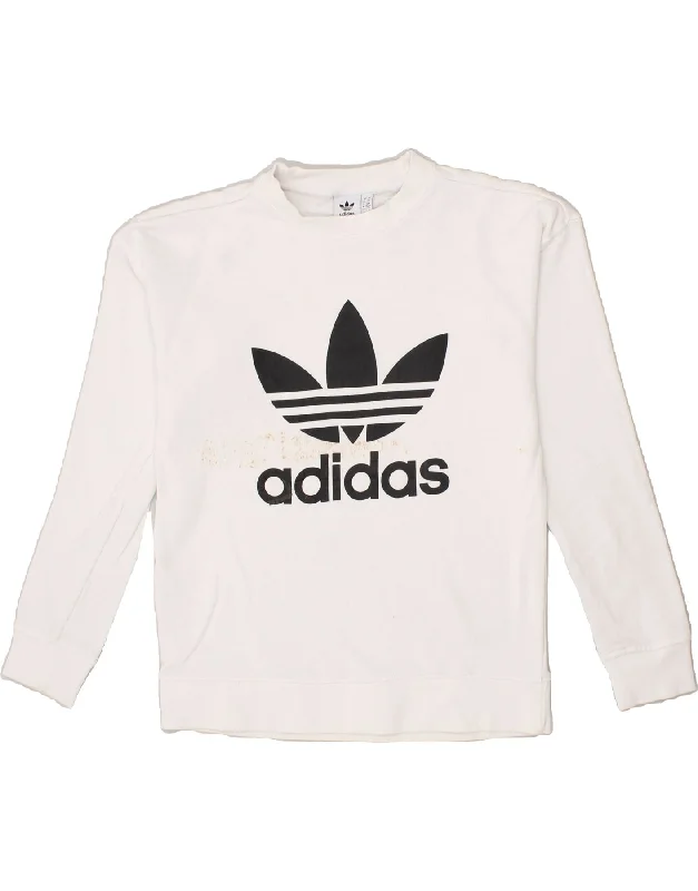 ADIDAS Womens Oversized Graphic Sweatshirt Jumper UK 6 XS White Cotton Hoodie with Strings Custom Fit Adjustable