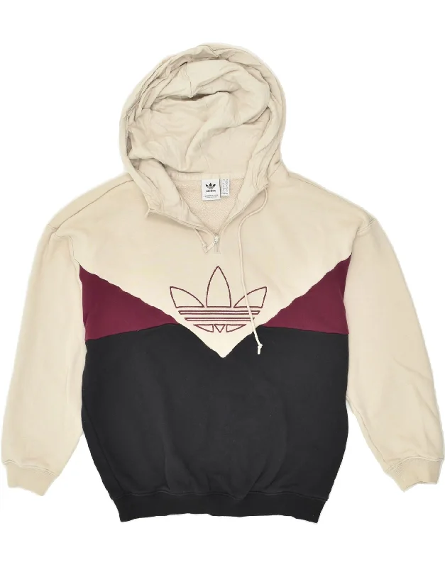 ADIDAS Womens Oversized Graphic Zip Neck Hoodie Jumper UK 10 Small   Beige Hoodie with Embroidery Detailed Premium