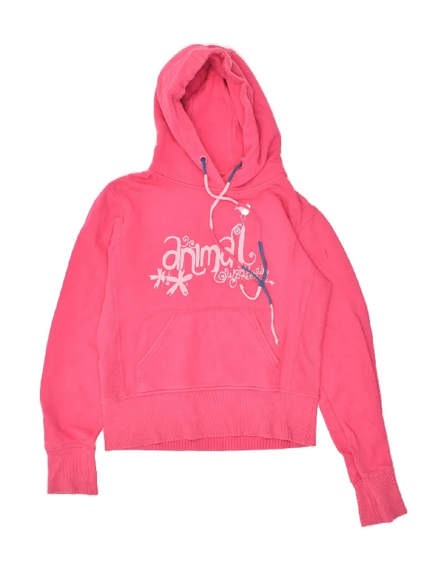 ANIMAL Womens Graphic Hoodie Jumper UK 10 Small Pink Cotton Hoodie with Patch Decorative Personalized