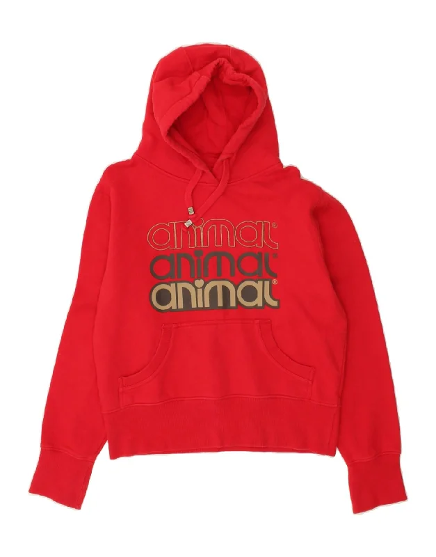 ANIMAL Womens Graphic Hoodie Jumper UK 14 Large Red Cotton Hoodie with Camouflage Military Edgy