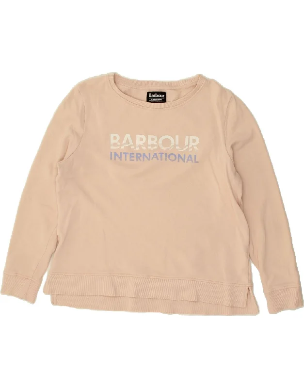 BARBOUR Womens Graphic Sweatshirt Jumper UK 12 Medium  Beige Cotton Hoodie with Ribbed Neckline Snug Warm