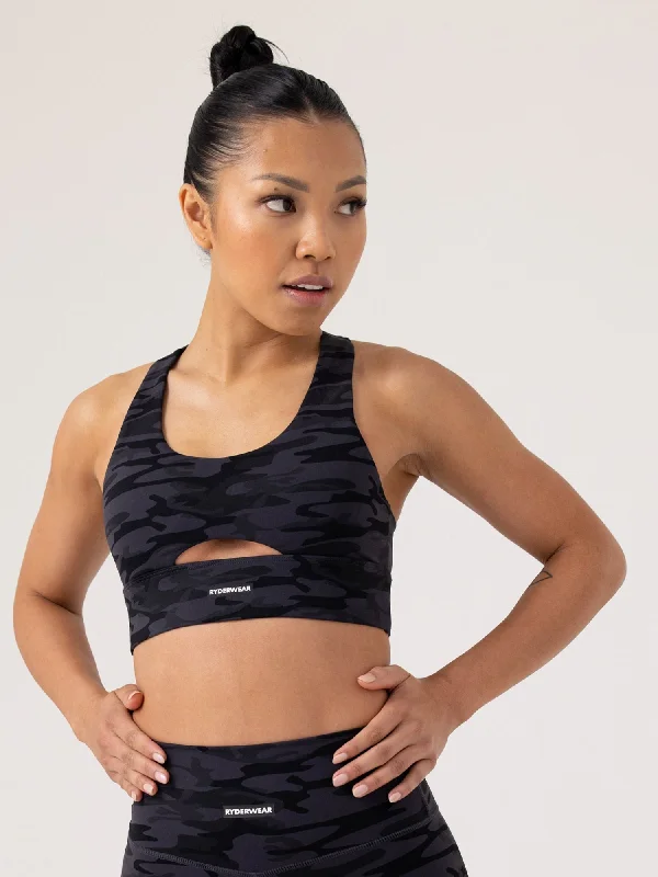 Base Racer Back Sports Bra - Black Camo High-Cut Bra Design