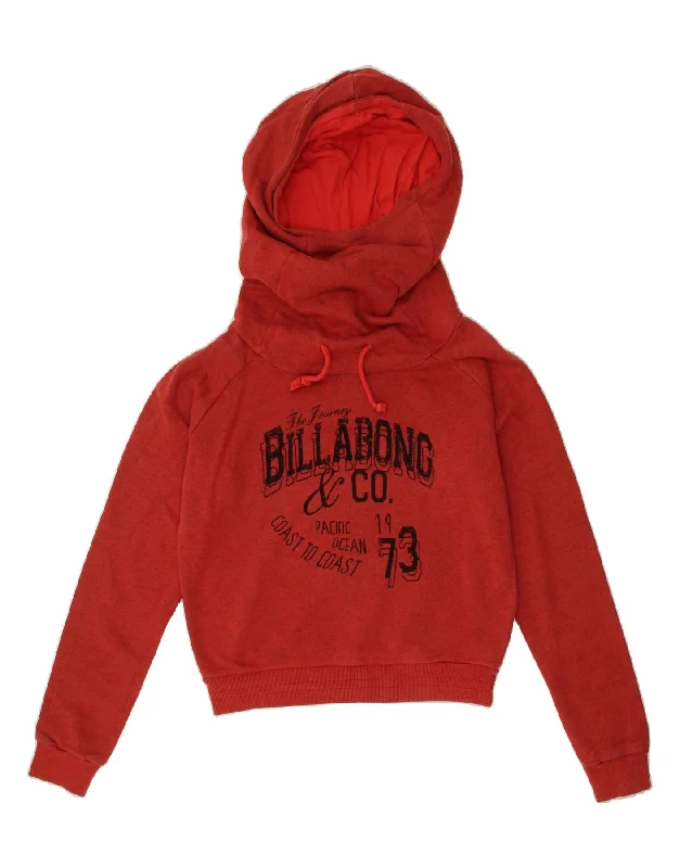 BILLABONG Womens Crop Graphic Hoodie Jumper UK 10 Small Red Flecked Cotton Hoodie with Tie-Dye Psychedelic Retro