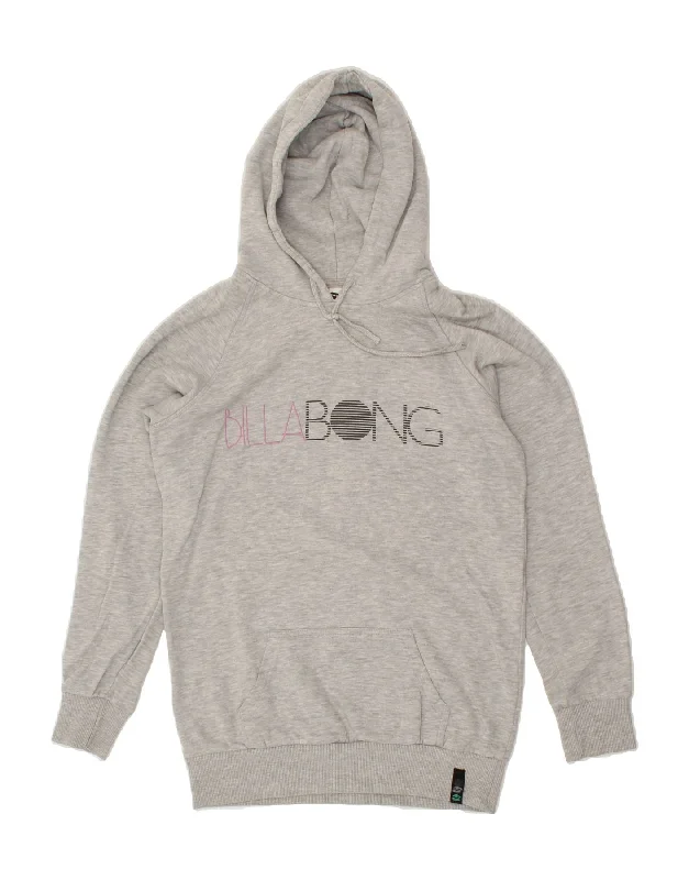 BILLABONG Womens Graphic Hoodie Jumper UK 10 Small Grey Hoodie with Turtle Neck Cozy Winter