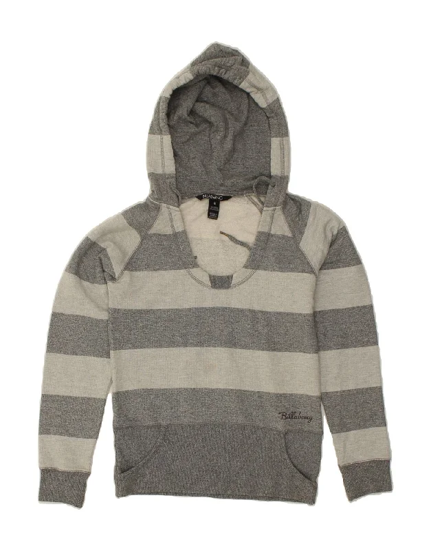 BILLABONG Womens Hoodie Jumper UK 8 Small Grey Striped Cotton Hoodie with Magnetic Closure Innovative Modern