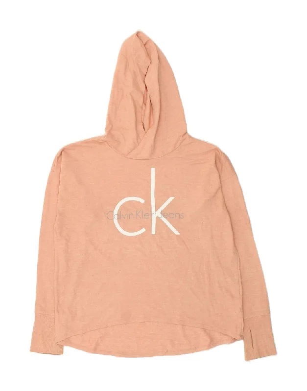 CALVIN KLEIN JEANS Womens Graphic Hoodie Jumper UK 10 Small Beige Cotton Hoodie Fleece Lining Warmth