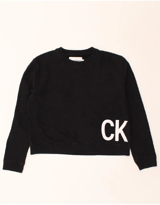 CALVIN KLEIN JEANS Womens Graphic Sweatshirt Jumper UK 16 Large Black Hoodie with Hem Applique Textured Unique