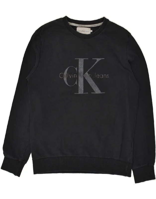 CALVIN KLEIN JEANS Womens Graphic Sweatshirt Jumper UK 16 Large Black Hoodie with Bell Sleeves Flared Feminine