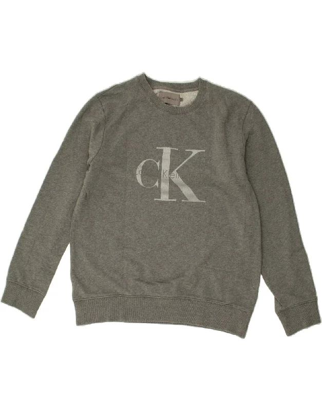 CALVIN KLEIN JEANS Womens Graphic Sweatshirt Jumper UK 20 2XL Grey Hoodie with Sequins Glamorous Eye-catching