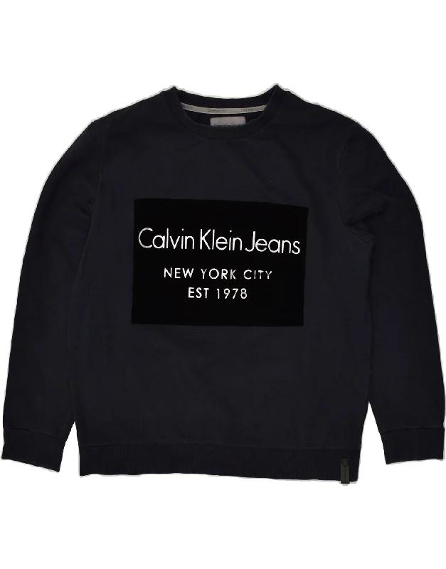 CALVIN KLEIN JEANS Womens Graphic Sweatshirt Jumper UK 20 2XL Navy Blue Zip Hoodie Drawstring Kangaroo Pocket