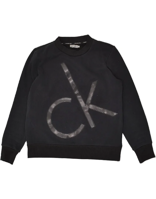 CALVIN KLEIN Womens Loose Fit Graphic Sweatshirt Jumper UK 10 Small Black Hoodie with Turtle Neck Cozy Winter