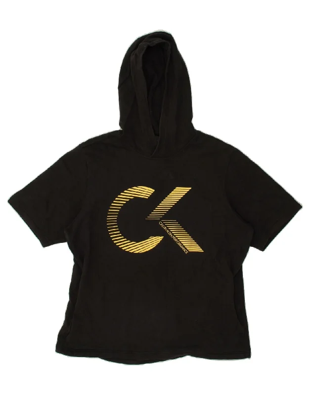 CALVIN KLEIN Womens Short Sleeve Graphic Hoodie Jumper UK 16 Large Black Hoodie with Velcro Closure Adjustable Secure