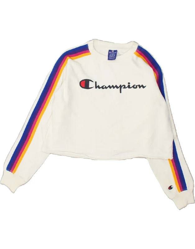 CHAMPION Womens Crop Graphic Sweatshirt Jumper UK 4 XS White Cotton Hoodie with Half-Zip Sporty Casual