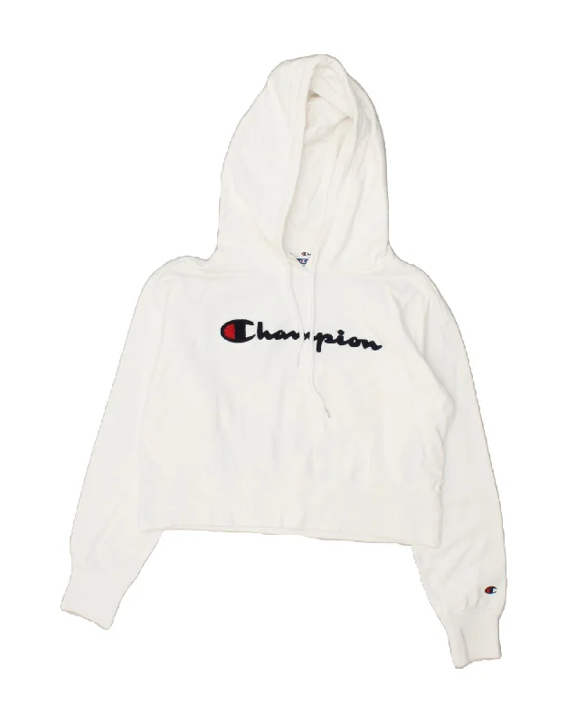 CHAMPION Womens Graphic Crop Hoodie Jumper UK 10 Small White Cotton Oversized Hoodie Comfort Casual