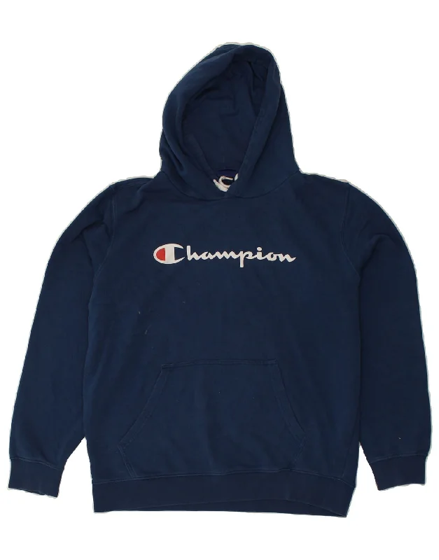 CHAMPION Womens Graphic Hoodie Jumper Large Navy Blue Cotton Hoodie with Exposed Zipper Edgy Industrial