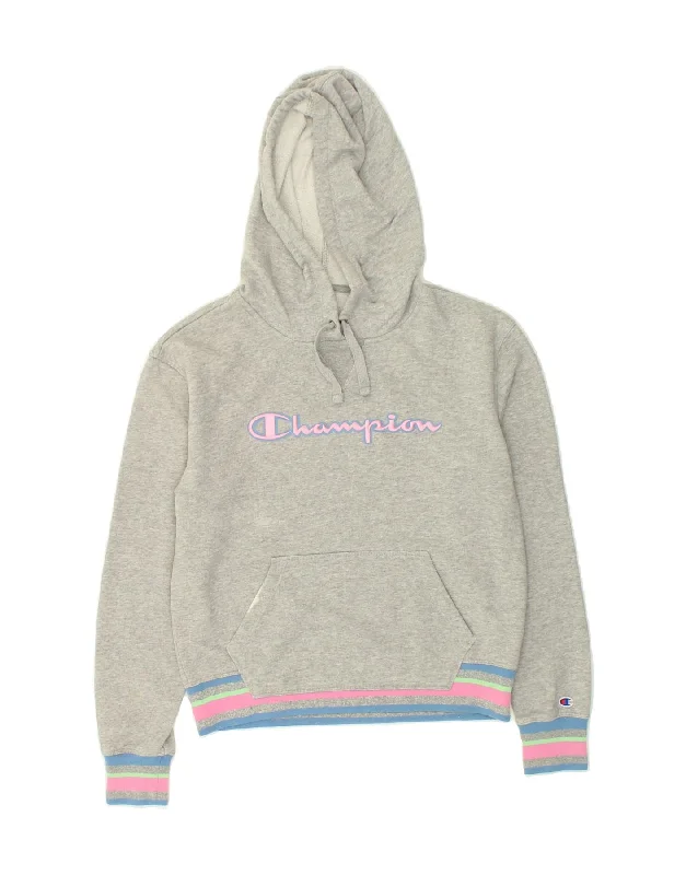 CHAMPION Womens Graphic Hoodie Jumper UK 10 Small Grey Cotton Hoodie with Metallic Shiny Futuristic