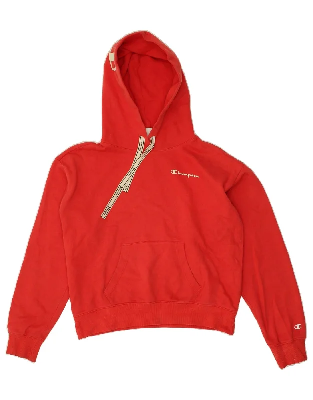 CHAMPION Womens Graphic Hoodie Jumper UK 10 Small Red Cotton Hoodie with Belted Waist Structured Tailored