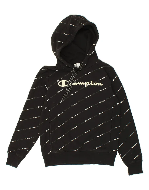 CHAMPION Womens Graphic Hoodie Jumper UK 14 Medium Black Cotton Hoodie with V-Neck Classic Versatile