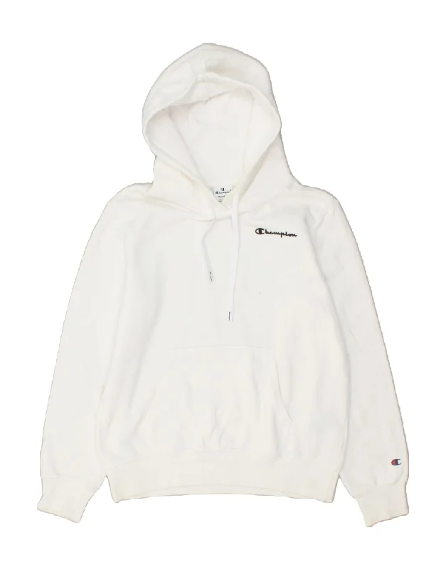 CHAMPION Womens Graphic Hoodie Jumper UK 14 Medium White Cotton Hoodie with Sequins Glamorous Eye-catching