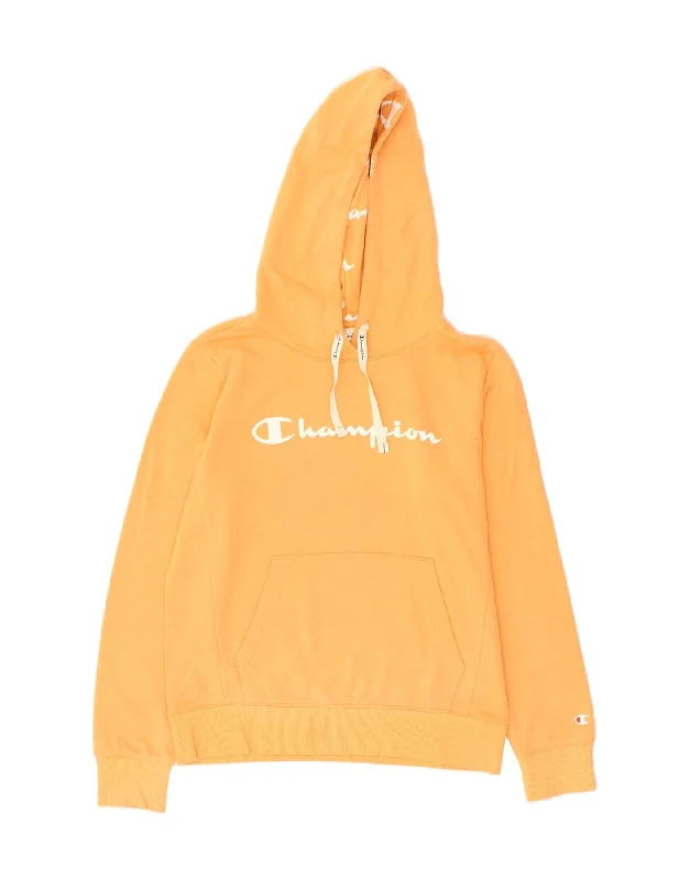 CHAMPION Womens Graphic Hoodie Jumper UK 14 Medium Yellow Hoodie with Cropped Fit Short Trendy